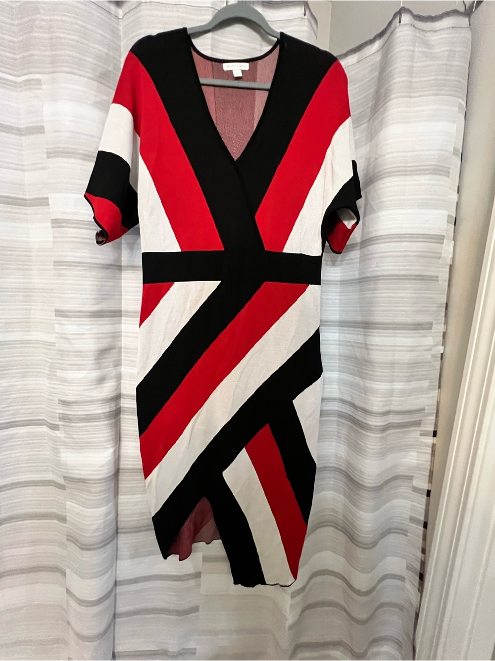 New York & Company Red, Black & White Chevron V-Neck Dress
